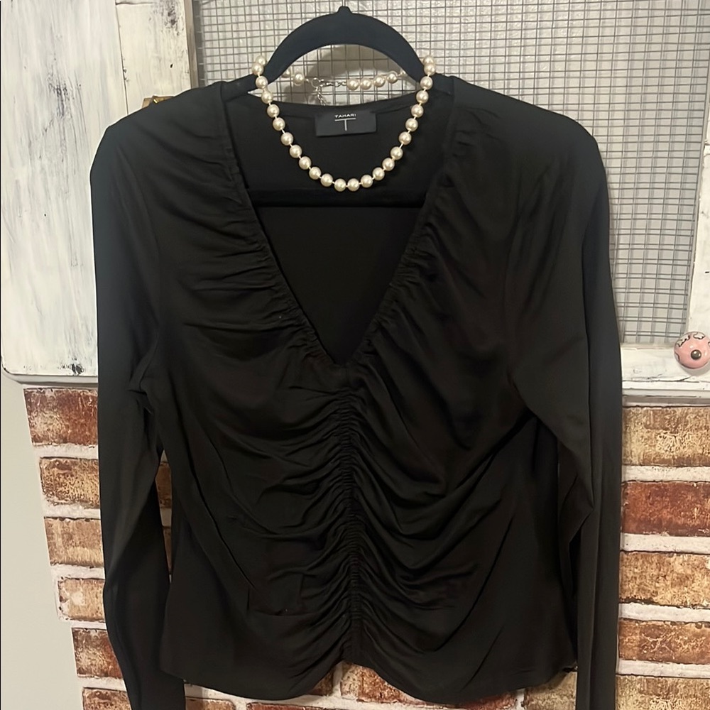 Tahari Black Ruched V-Neck Blouse